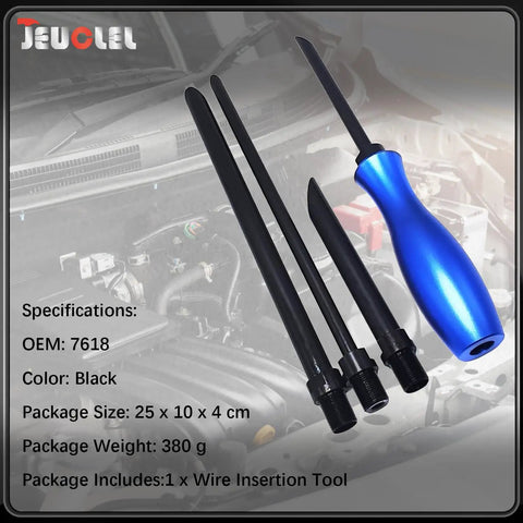 5 Piece Wire Insertion Tool Set For Automotive Wiring including blue handle, black tools for cable sheath protection and threading.