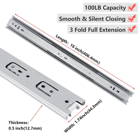 Heavy Hitter Side Mount Drawer Slides Six Pair Zinc Plated Steel 100 Pound Capacity Dead Smooth Glide showing 16 inch length and 1.74 inch width.