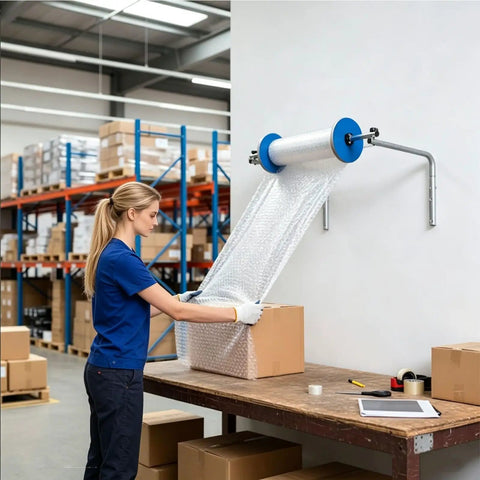 Nail Down Your Packing Routine With This Wall Mounted Bubble Wrap Dispenser, Adjustable Foam Cushioning Roll Holder in use at a shipping station.