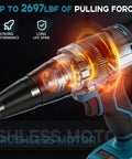 Daspom Brushless Cordless Rivet Gun Compatible With Makita 18V Battery For Aluminum And Steel Pop Rivets 1 8 5 32 3 16 Inch Heavy Duty Metal Working Tool No Battery Included with visible motor showing pulling force.