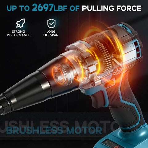 Daspom Brushless Cordless Rivet Gun Compatible With Makita 18V Battery For Aluminum And Steel Pop Rivets 1 8 5 32 3 16 Inch Heavy Duty Metal Working Tool No Battery Included with visible motor showing pulling force.