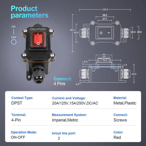 Waterproof Inline Toggle Switch With Dual Outlet And Red Rocker Button Plus Indicator Light For Outdoor Use DPST AC DC