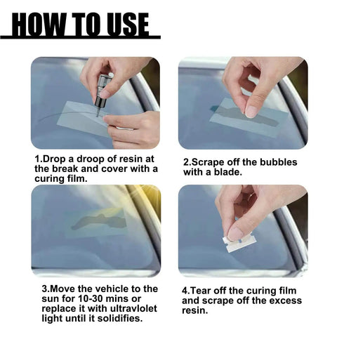 Step-by-step guide using Windshield Chip And Crack Repair Kit For Auto Glass And Mirrors, Fast DIY Glass Fix Tool With Repair Fluid To Stop Cracks From Spreading.