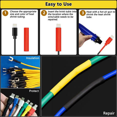 Two To One Heat Shrink Tubing Kit With 300W Mini Heat Gun 580 Pcs Shrink Tubing For Wires Shrink Wrapping And Cable Repair Guide
