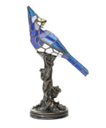 Stained Glass Bird Accent Lamp With Blue Jay Design Tiffany Style Table Lamp 8 W X 13.5 H Inches Bronze Tree Trunk Base Blooming Flowers Vintage Look Cozy Living Room Nightstand Decor