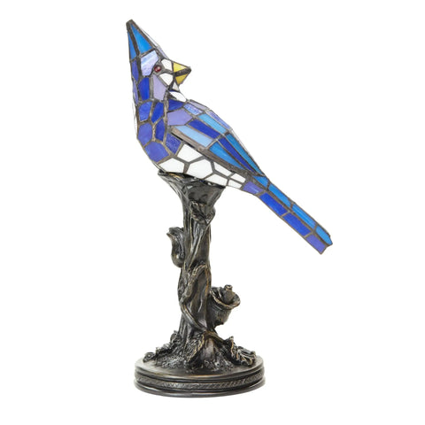 Stained Glass Bird Accent Lamp With Blue Jay Design Tiffany Style Table Lamp 8 W X 13.5 H Inches Bronze Tree Trunk Base Blooming Flowers Vintage Look Cozy Living Room Nightstand Decor