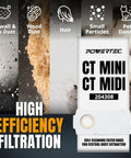 Heavy Duty Replacement Vacuum Bags For Festool Ct Mini Midi And Ct15 Dust Extractors Feature Dead Nuts Self Cleaning Filtration And Killer Dust Control With Smooth Five Pack Installation showing various captured debris types.