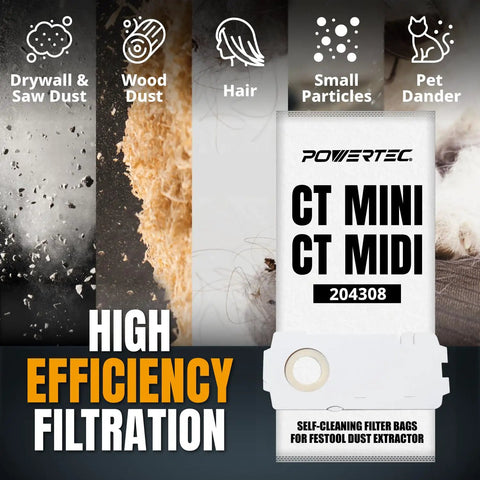 Heavy Duty Replacement Vacuum Bags For Festool Ct Mini Midi And Ct15 Dust Extractors Feature Dead Nuts Self Cleaning Filtration And Killer Dust Control With Smooth Five Pack Installation showing various captured debris types.