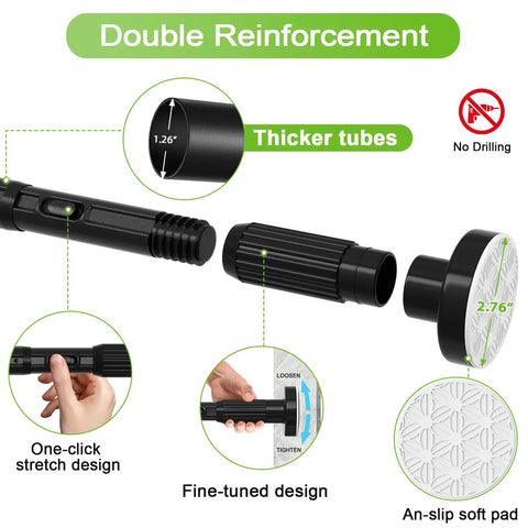 One Click Extendable Heavy Duty Tension Curtain Rod 41 To 165 Inch No Drilling Outdoor Rod with features highlighted
