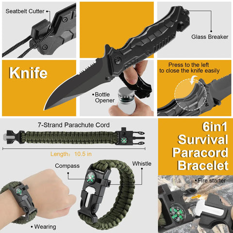 Knife and paracord bracelet from 19 In 1 Survival Gear Kit For Men Dad Husband Emergency Tools Camping Accessories Fishing Hunting Gift For Outdoors Lovers Birthday Stocking Stuffers Cool Gadget Camping Essentials.