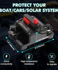 Kickass Heavy Duty 50 Amp Circuit Breaker For Boats And RVs With Manual Reset And Emergency Stop Switch IP54 Water Resistant Housing, showing dimensions on an engine.