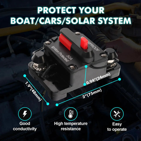Kickass Heavy Duty 50 Amp Circuit Breaker For Boats And RVs With Manual Reset And Emergency Stop Switch IP54 Water Resistant Housing, showing dimensions on an engine.