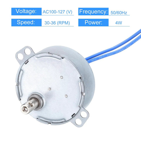 Go-To Small Synchronous Motor 100-127V AC 30-36 RPM Gear Motor 4W with CW CCW Shaft Rotation shown with blue wires