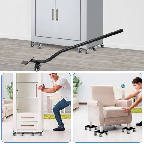 Heavy Duty Furniture Movers With 360 Degree Roller Wheels Set Includes Lifter Tool For Easy Moving Of Heavy Loads Up To 880 Lbs in use with a person moving a cabinet.
