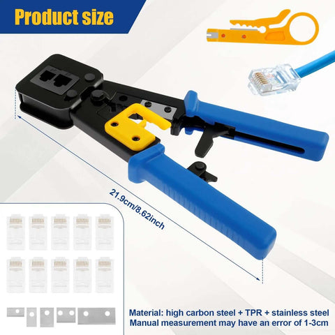 RJ45 Crimp Tool Set For Ethernet Cabling Pro Grade Workhorse Crimping Tool With Mini Wire Stripper and parts displayed