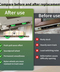 Comparison of No Sweat Side Adjustable Tandem Sliding Patio Door Roller With Solid Nylon Wheels after and before replacement.
