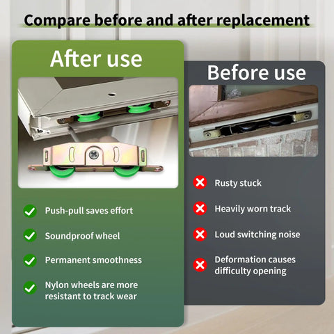 Comparison of No Sweat Side Adjustable Tandem Sliding Patio Door Roller With Solid Nylon Wheels after and before replacement.