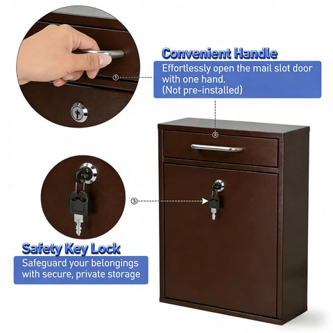 Detailed view of heavy duty steel key lock mailbox with wall mount feature, shown with convenient handle and secure keyed lock.