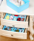 3 Piece Blue Plastic Underwear Storage Set Featuring 10 And 15 Cell Vertical Drawers, organized lingerie in stacked drawers.