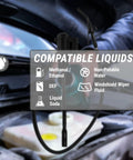 Badass Electric Drum Pump With Telescopic Suction Hose displaying compatible liquids like methanol, ethanol, and windshield fluid.
