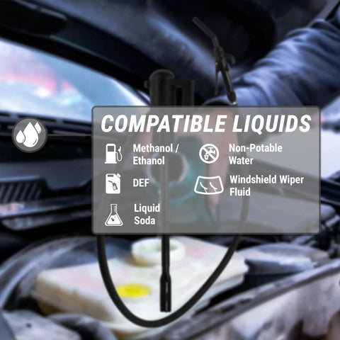 Badass Electric Drum Pump With Telescopic Suction Hose displaying compatible liquids like methanol, ethanol, and windshield fluid.