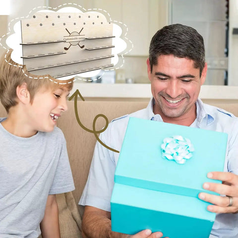 Father and son imagining using Customizable Wood Golf Ball Marker Display Case With Wall Mount For Storing 55 Markers