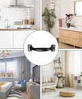 Four Pack 4 Inch Vintage Barn Door Pulls In Black Metal For Cabinets And Drawers Screw In Handles Rustic Gate Pulls For Kitchen Furniture And Outdoor Use, showcased in different rooms.
