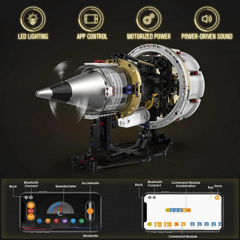 Jet Engine Building Set With Visible Turbofan Model Kit That Runs In Real Time Hands On Experience Transparent Cylinders Show Piston And Valve Action Includes Motor Lights And App Control Ideal STEM Toy Gift For Adults And Teens 14 Plus 564 Pieces shown with LED lighting and app interface.