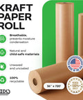 Heavy Duty Brown Kraft Paper Roll 36 In By 720 Ft 50 Lb Thick Packing Wrapping Paper For Moving Shipping And Crafts Natural Recyclable Kraft Non Coated Usa Made, showing two rolls with product details and Made in USA label.