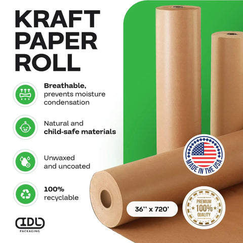 Heavy Duty Brown Kraft Paper Roll 36 In By 720 Ft 50 Lb Thick Packing Wrapping Paper For Moving Shipping And Crafts Natural Recyclable Kraft Non Coated Usa Made, showing two rolls with product details and Made in USA label.