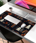 Cute Vintage Gothic Desk Pad XXL Mouse Pad For Large Desks on workspace with white keyboard and mouse, bookcase pattern