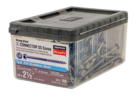 Box of Strong-Drive SD Connector Screws No 9 Two And A Half Inch Stainless Steel With One Quarter Inch Hex Head Galvanized Coating