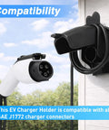 Top Shelf EV Charger Holder Wall Mount With Rainproof Cover For J1772 Connectors Durable Composite Build shown with plugged-in charger.