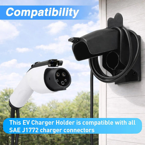 Top Shelf EV Charger Holder Wall Mount With Rainproof Cover For J1772 Connectors Durable Composite Build shown with plugged-in charger.
