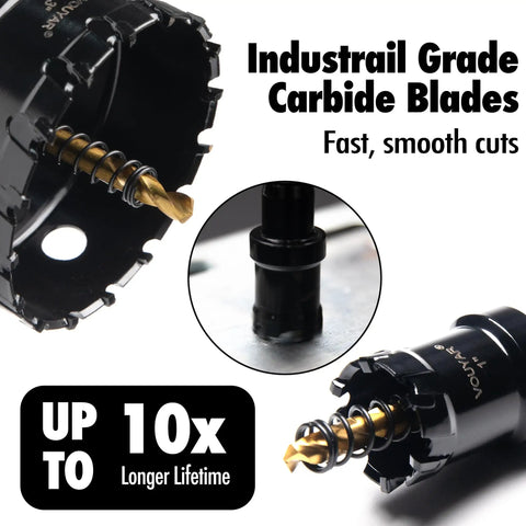 Heavy Duty 1 Inch Tungsten Carbide Tipped Hole Saw Drill Bit For Hard Metal And Sheet Metal Cutting 25.4mm Cutter For Stainless Steel Iron Wood Plastic Brass Copper With Pilot Bit Arbor And Allen Key Vouyar showing industrial grade carbide blades.