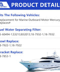 10 Micron Fuel Water Separator Filter Assembly Kit For Marine Outboards Compatible With Mercury And Yamaha Engines Replaces Multiple Part Numbers For Reliable Boat Fuel Filtering And Water Separation Displayed with Compatibility Details and Yacht Illustration