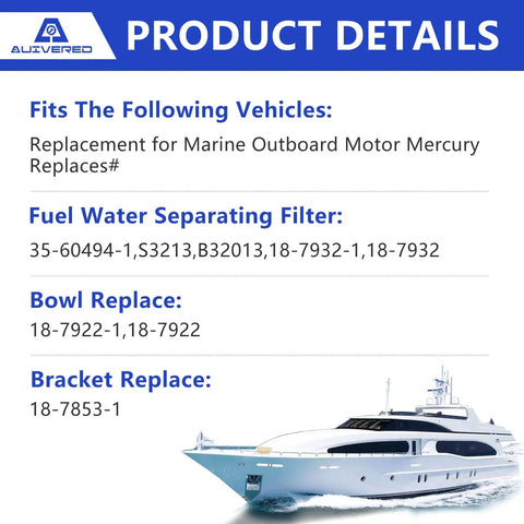 10 Micron Fuel Water Separator Filter Assembly Kit For Marine Outboards Compatible With Mercury And Yamaha Engines Replaces Multiple Part Numbers For Reliable Boat Fuel Filtering And Water Separation Displayed with Compatibility Details and Yacht Illustration