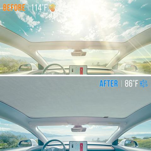 Installed Tesla Model Y Magshade sunshade on glass roof; blocks UV and cools the interior