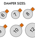 Diagram showing various damper sizes including the 6 Inch Round Pro Grade HVAC Zone Damper For Accurate Zoning With Power Open And Power Close 24 VAC Made In USA Heavy Duty Commercial Quality With Full Seal Gasket Blade And High Torque Motor.