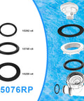 Illustration showing 12 Piece Pool Hose Washer And Ring Replacement Kit With O Rings And Washers For Intex Pool Seal Plunger Valve And Replacement Gasket 10262 10745 10255 with labeled parts against a pool background.