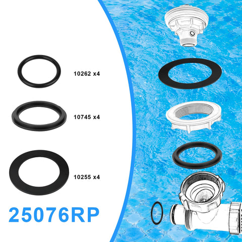 Illustration showing 12 Piece Pool Hose Washer And Ring Replacement Kit With O Rings And Washers For Intex Pool Seal Plunger Valve And Replacement Gasket 10262 10745 10255 with labeled parts against a pool background.