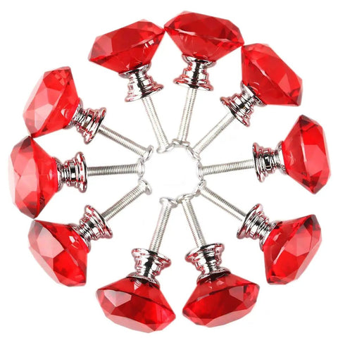 Fresh 10 Piece Clear Crystal Glass Cabinet Knobs With Sparkling Diamond Drawer Pulls And Slick Chrome Base For Kitchen Cupboard Wardrobe And Dresser Upgrades, red faceted design.