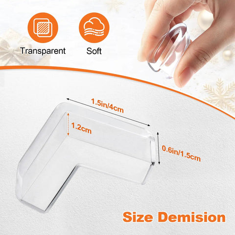Thickened Corner Guards For Baby Proofing Edges And Sharp Tables, 12 Pack Corner Protectors showing size dimensions and transparency.
