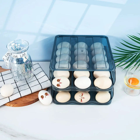 2 Layer Stackable Blue Egg Storage Box With Lid For Refrigerator Large Capacity 36 Count Egg Organizer In Clear Plastic