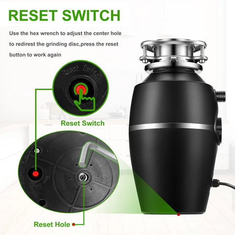 Detailed view of 3/4 HP Quiet Garbage Disposal For Home Kitchens reset switch and hole