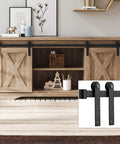 5 Ft Double Barn Door Hardware Track Kit For Cabinets And Closets shown installed on wooden cabinet with I shape hangers detail inset