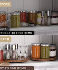 Before and after image showing Acacia Wood Lazy Susan Turntable Organizer For Kitchen Cabinets And Pantry Rotating Spice Rack Countertop Table Organizer Small Size Ideal For Organizing Spices Oils Condiments With Smooth 360 Rotation organizing spice jars.