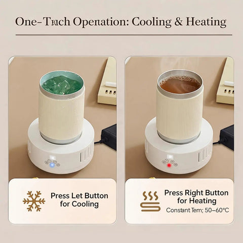 Dual Zone Cup Cooler And Warmer Keeps Your Drinks Totally Chilling Or Scorching Hot Year Round Electric Desk Beverage Station with ice and coffee.
