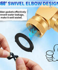 90 Degree Brass Hose Swivel Elbow 3/4 GHT Garden Hose Extension Connector No Kink Protector 360 Degree Rotating Fitting For RV Outdoor Use Heavy Duty Brass No Kink Design with rubber gasket
