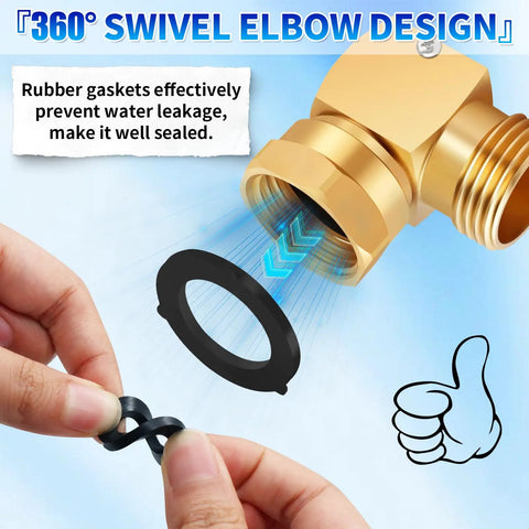 90 Degree Brass Hose Swivel Elbow 3/4 GHT Garden Hose Extension Connector No Kink Protector 360 Degree Rotating Fitting For RV Outdoor Use Heavy Duty Brass No Kink Design with rubber gasket